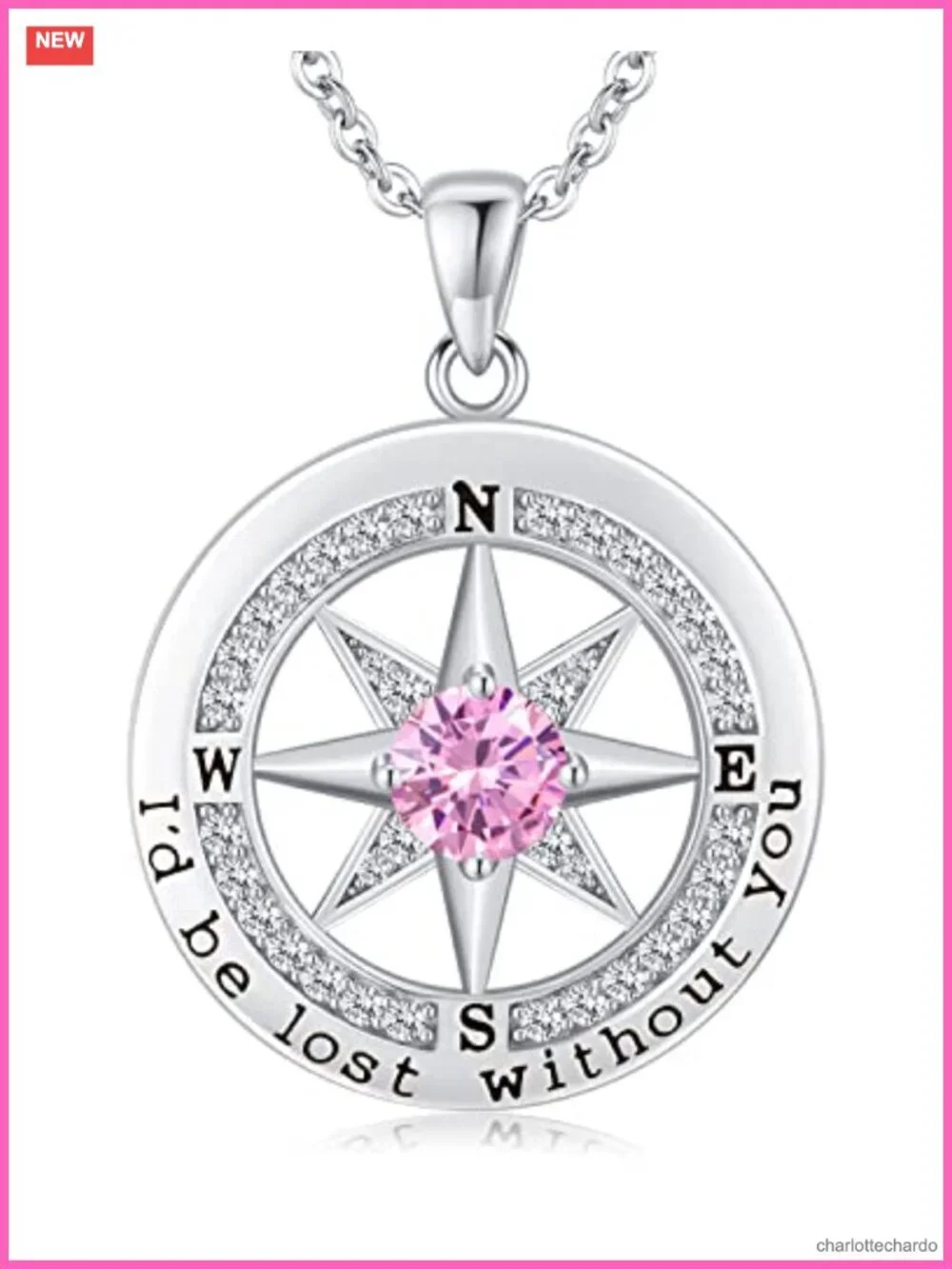 S925 Sterling Silver Compass Pendant Necklace Cubic Zirconia Anniversary Gift
